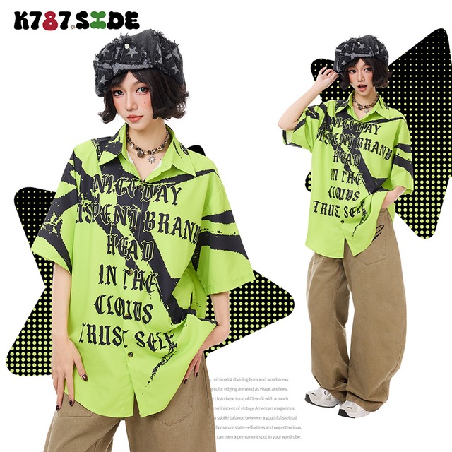 【K787シリーズ】★シャツ★ 2color 半袖 トップス ユニセックス メンズ アルファベット 白 緑 ホワイト グリーン