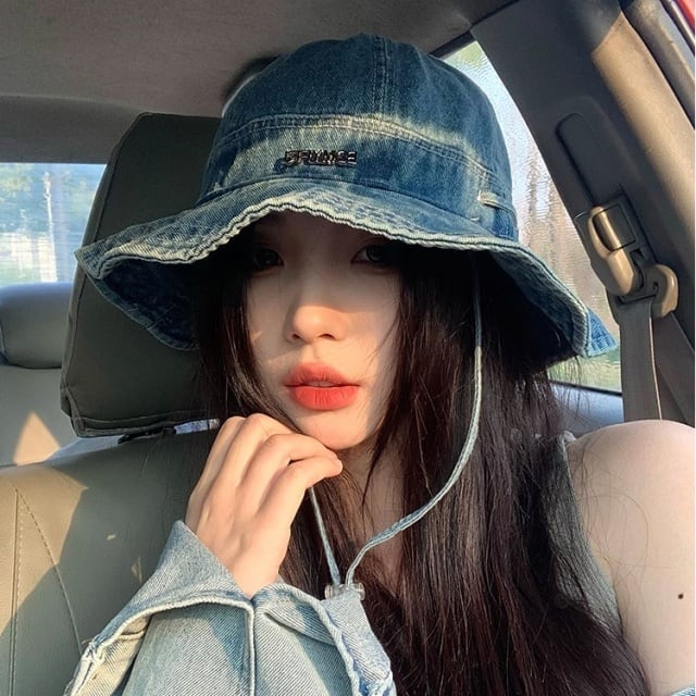 【予約販売】ハット バケットハット あご紐付き 帽子 レディース デニム ストリート アウトドア 日焼け防止 紫外線 ブルー こなれ感 お洒落 韓国 トレンド