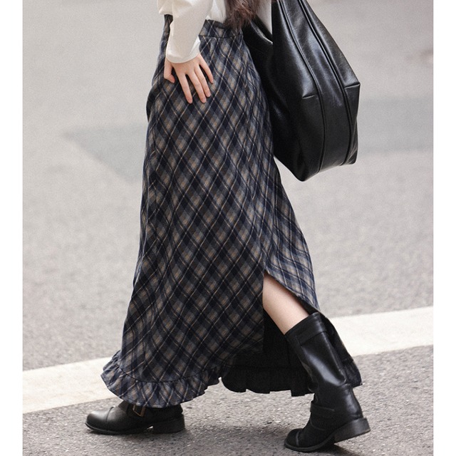 check back-slit frill long skirt　J00363