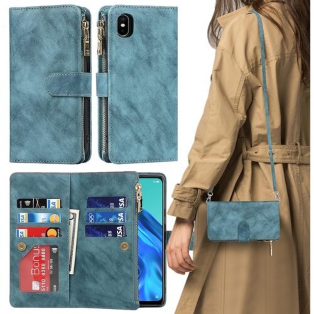 Galaxy A22 5G ケース 手帳型 ショルダー 2 ケース galaxy SC56B ケース A225G スマホケース A22ケース 手帳型 CASE iCoverCase ストラップホール付き カード収納 バッグ マグネット 留め具 肩がけ 首掛け 斜め掛け カードケース ファスナー型 ストラップ付き カバー ショルダーケース クロスボディケース カード入れ スマホケース 携帯カバー レトロ ブルー レトロ ターコイズ 1147