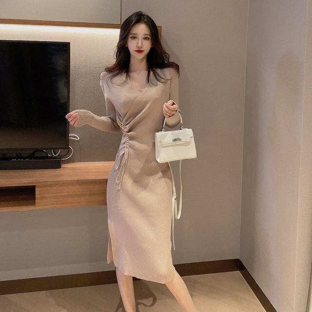 【予約販売】リブニットワンピース レディース カシュクール ウエストマーク スリット 細見え ブラック ベージュ お呼ばれ きれいめ 秋冬 ワンピ 大人可愛い エレガント おしゃれ こなれ感 韓国 S/M/L/XL