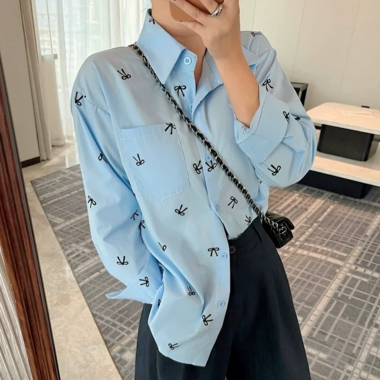 Ribbon Printed Shirt 01466