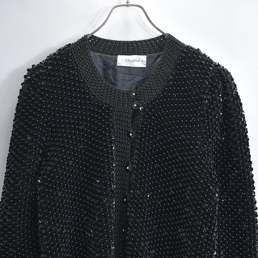 80~90s Das Genie ダス・ジェニー スパンコール&ビーズ デコレーション ニット カーディガン 裏地付き アウター ブラック ジャパンヴィンテージ ビンテージ 古着 レディースM相当