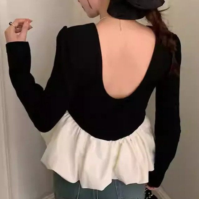 バックオープン　レイヤード風デザインカットソー　S0305