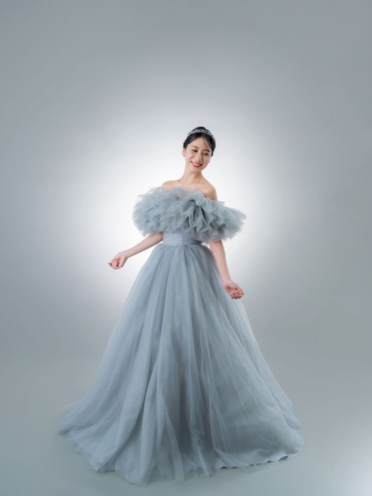 カラードレス オフショルダー ブルーグレー ソフトチュール 結婚式  