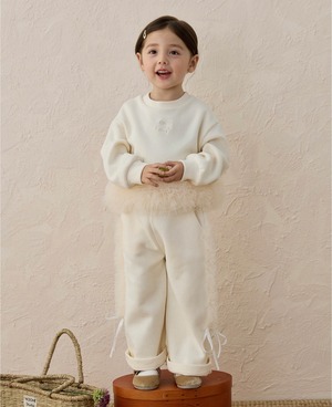 [Set] White west frill tops & frill line ribbon pants