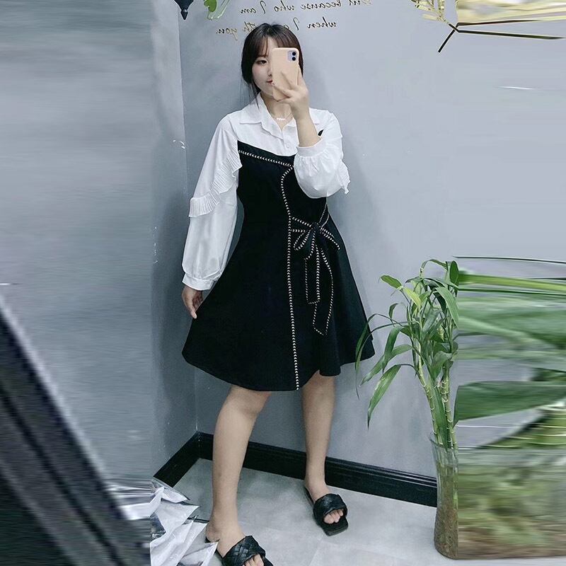 2020年秋の新作プラスサイズファットミリスリミングワンピースフェイクツーピーススーツ、ややファットなベルト着用トレンド ミックスインファッション29491952637