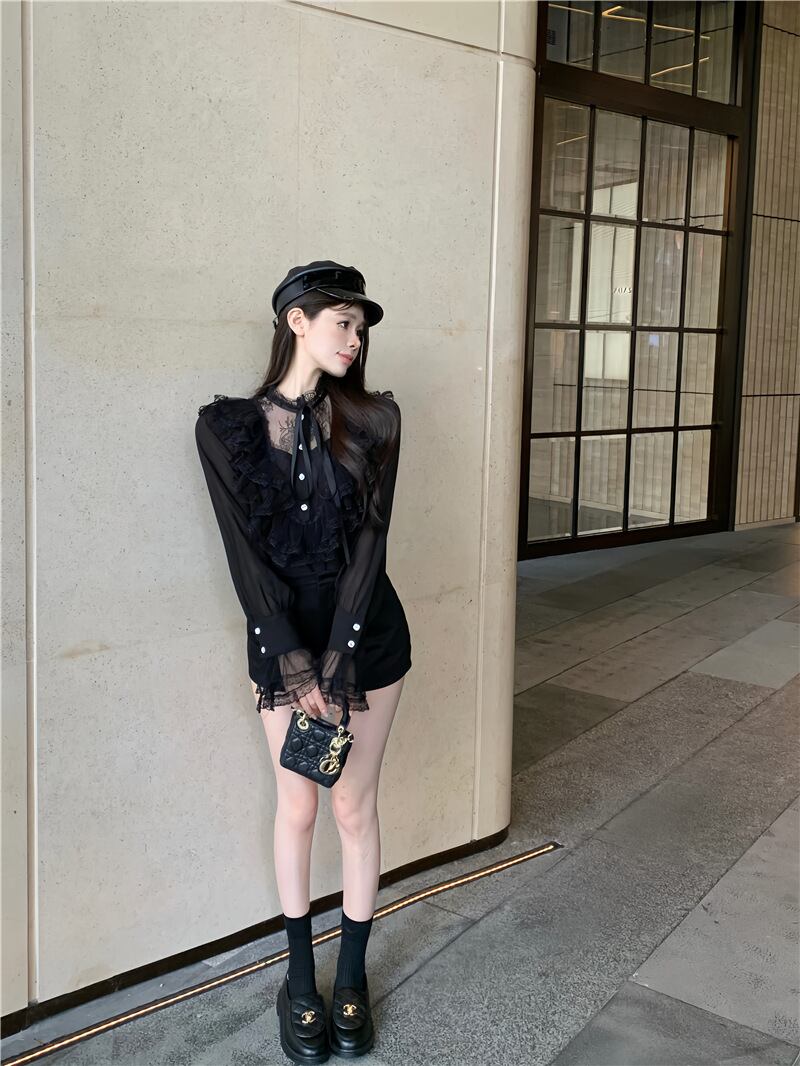 ブラウス トップス シフォン スタンドカラー ボウタイ リボン 花柄