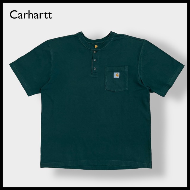 【Carhartt】ヘンリーネック ポケットTシャツ ポケT  ORIGINAL FIT オリジナルフィット ディープグリーン L スクエアラベル 深緑 カーハート US古着