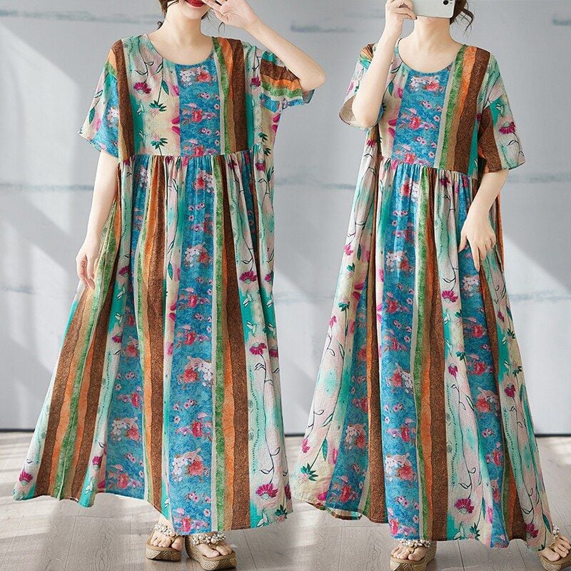 BOHEMIAN PRINT SHORT SLEEVE MAXI DRESS M-17561