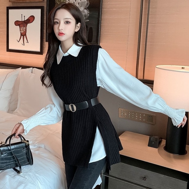 セットアップ レディース 送料無料 3色 ブラウス キャンディースリーブ ベスト ツーピース ベルト スリット アシンメトリー レースアップ フリルシャツ セットアップ  レイヤードスタイル おしゃれ スタイル 小顔見せ 着痩せ 体形カバー インスタ トレンド きれいめ かわいい  エレガント フェミニン お出かけ オフィス  通勤 OL  キュート ガーリー 大人かわいい S M L XL スタイルアップ ラフ ゆったり ルーズ こなれ感 レイヤード ホワイト ブラック ブラウン フロントボタン ベスト