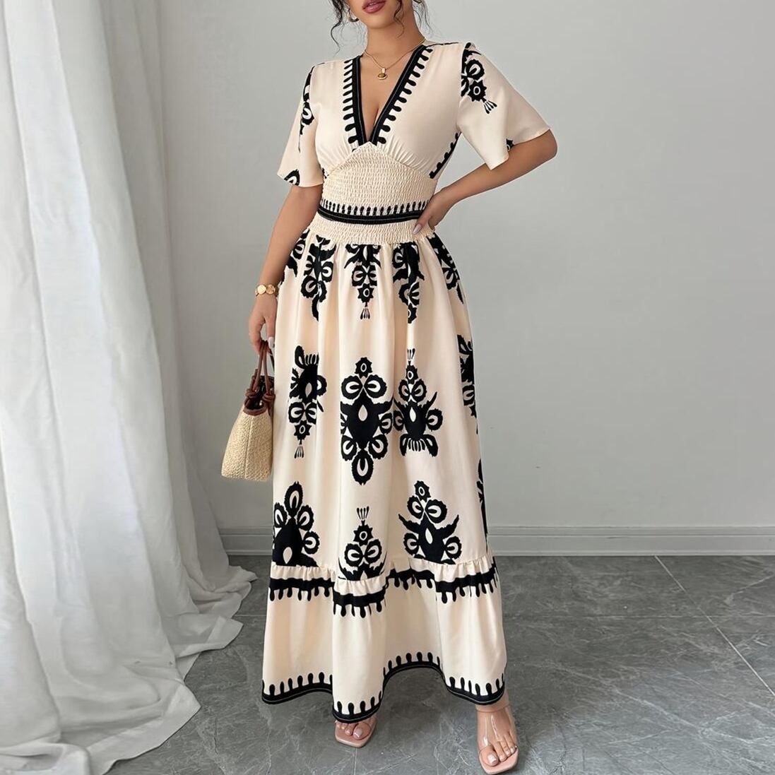 【dress】Vネックプリントワンピース M33189