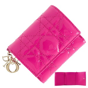 Unused DIOR ディオール 三つ折り財布 ロータス ウォレット レディ ディオール パテントレザー エナメル ピンク 財布 未使用品