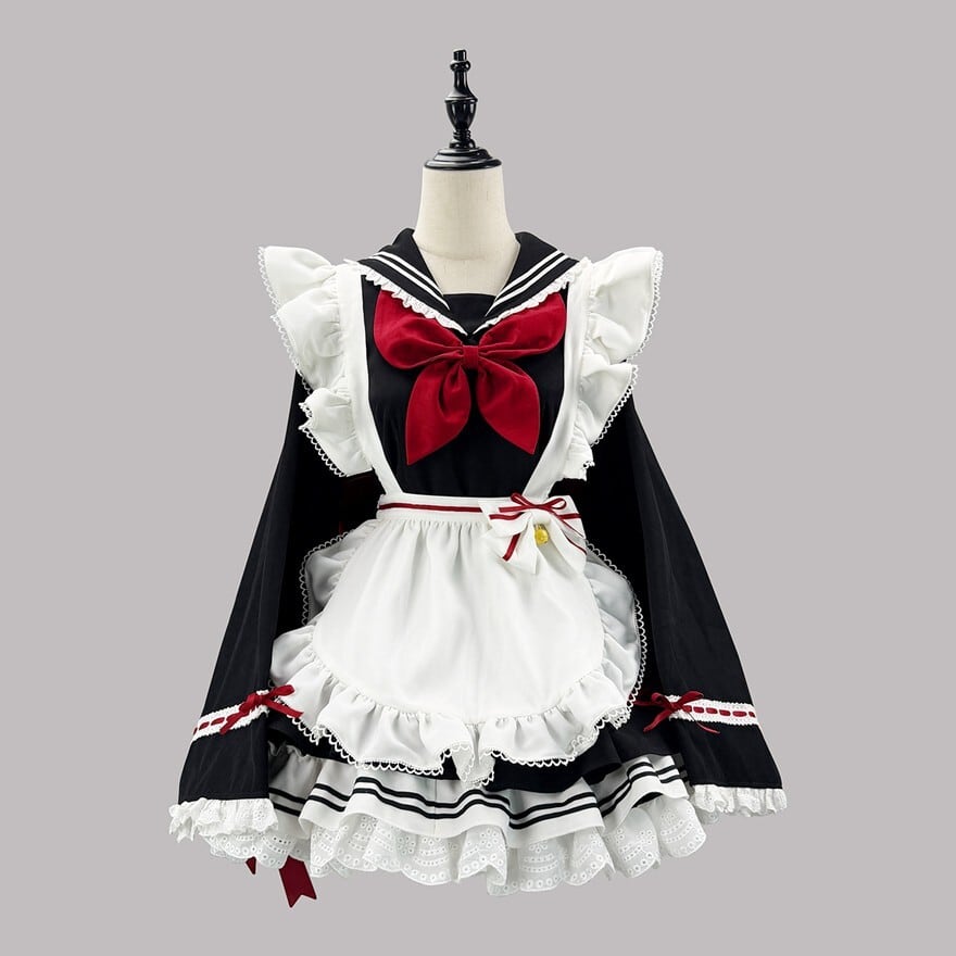 白黒セーラーに赤リボンを添えたクラシカルメイドワンピース