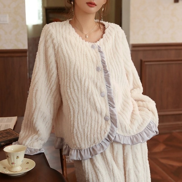 【 S-XL】Cardigan + pants style fleece pajamas p743