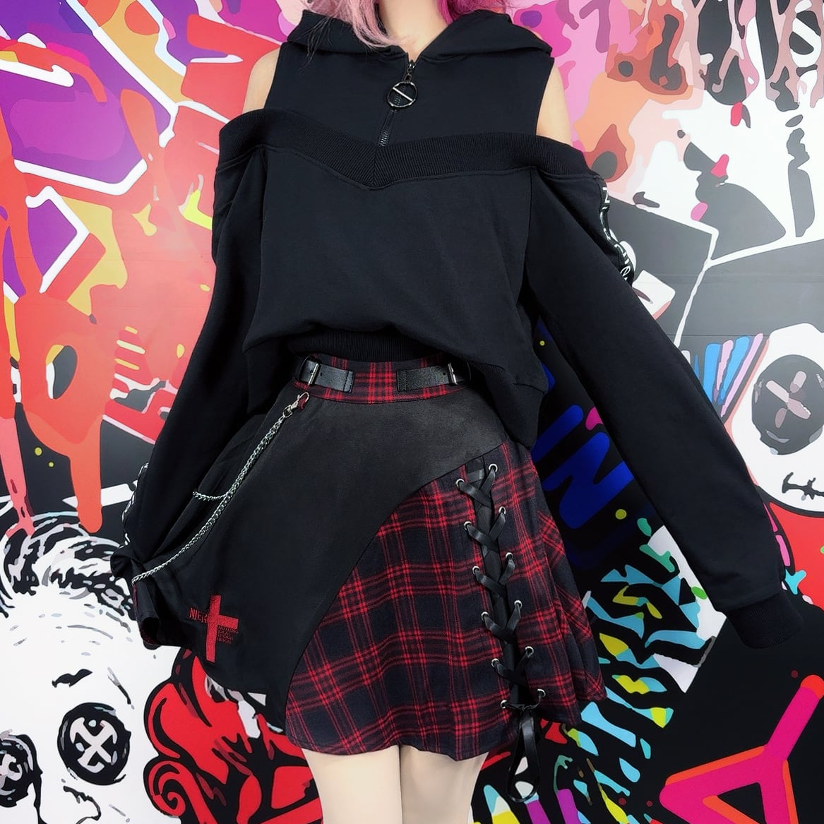 GOTHIC RED CHECKインパン付きスカート【取り外し可能チェーン付き