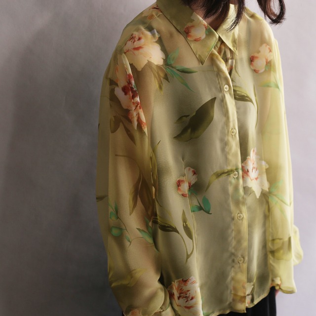 "鶯" nice green flower pattern l/s see-through shirt
