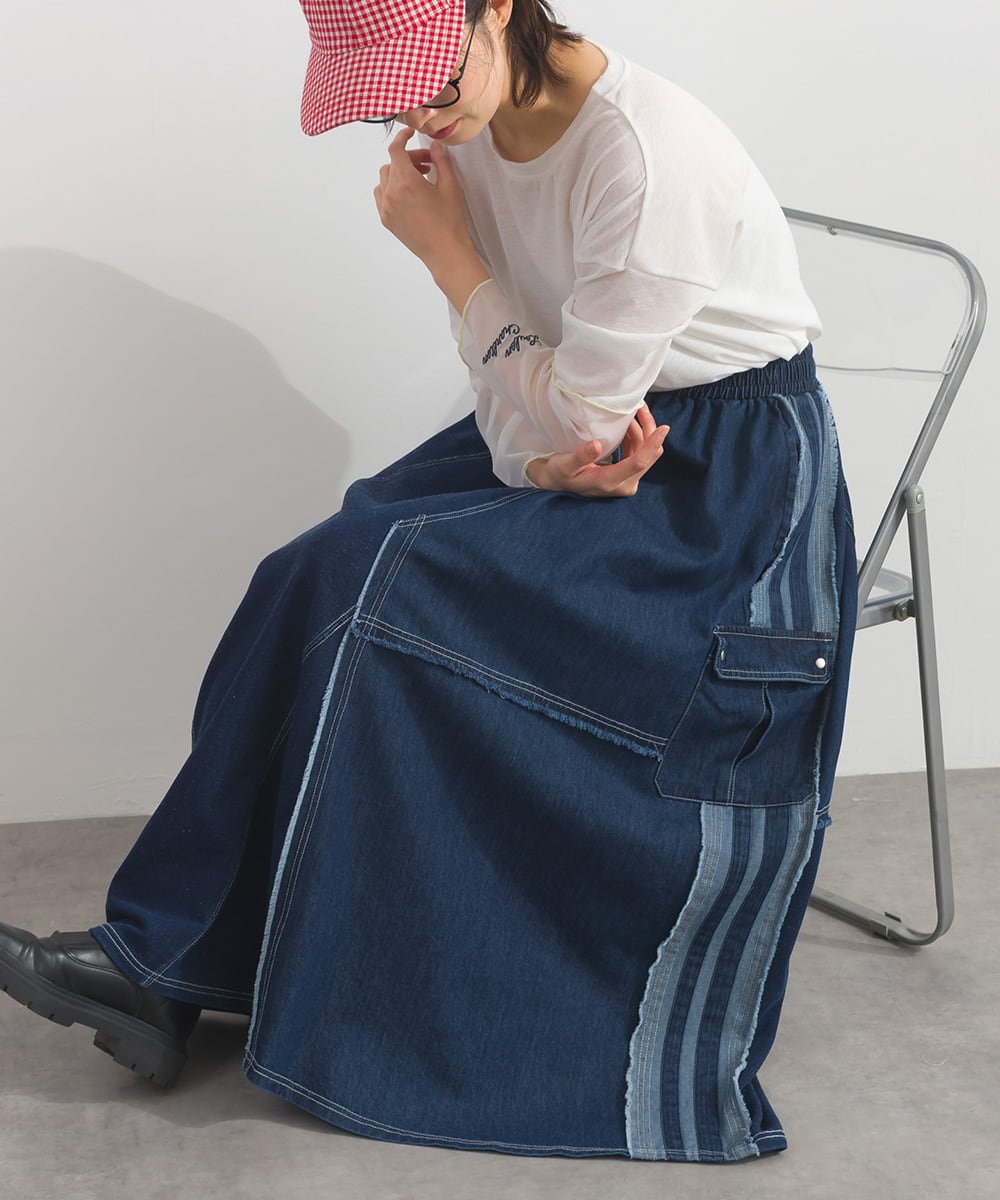 K261010 デニム切替裏毛スカート / Denim-Look Panel Sweat Skirt