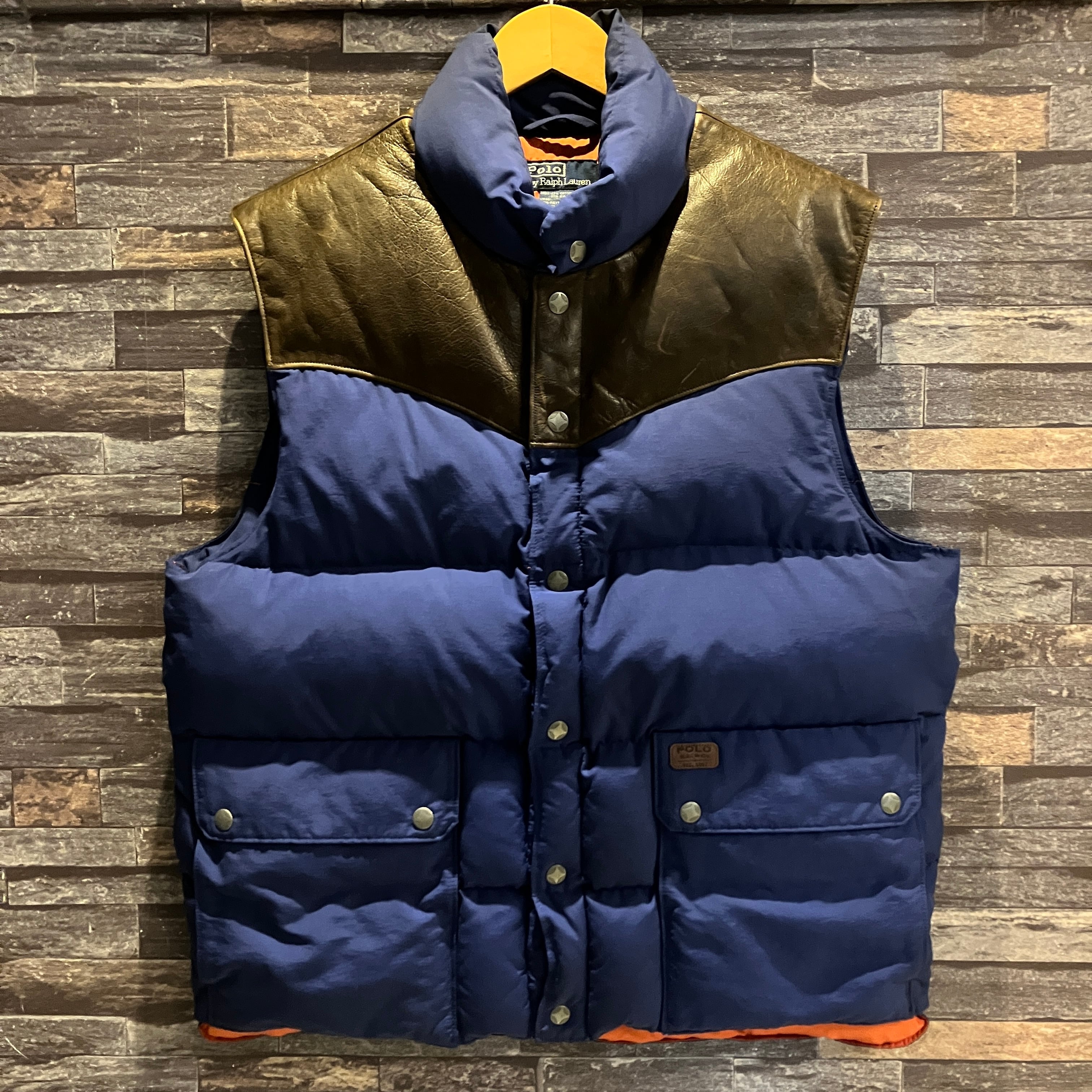 RALPH LAUREN LEATHER YORK DOWN VEST BLUE OLD MODEL | safarionline