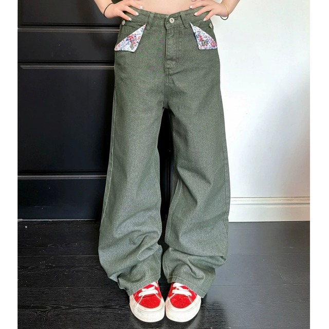 フラワーポケットシンチバックワイドラインデニムパンツ 3col R02590