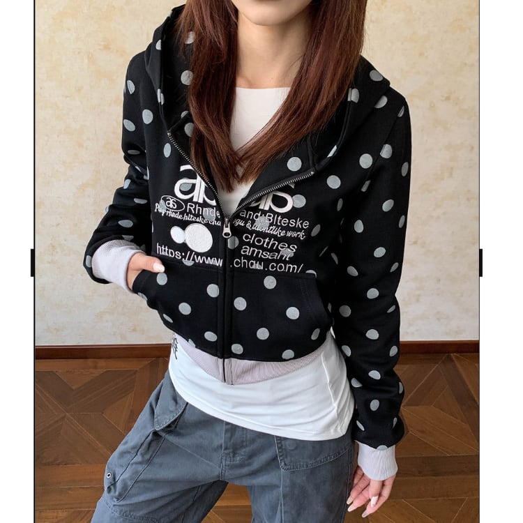 ドット柄 ジップアップ フード付き クロップド ジャケット ◆2col L00044