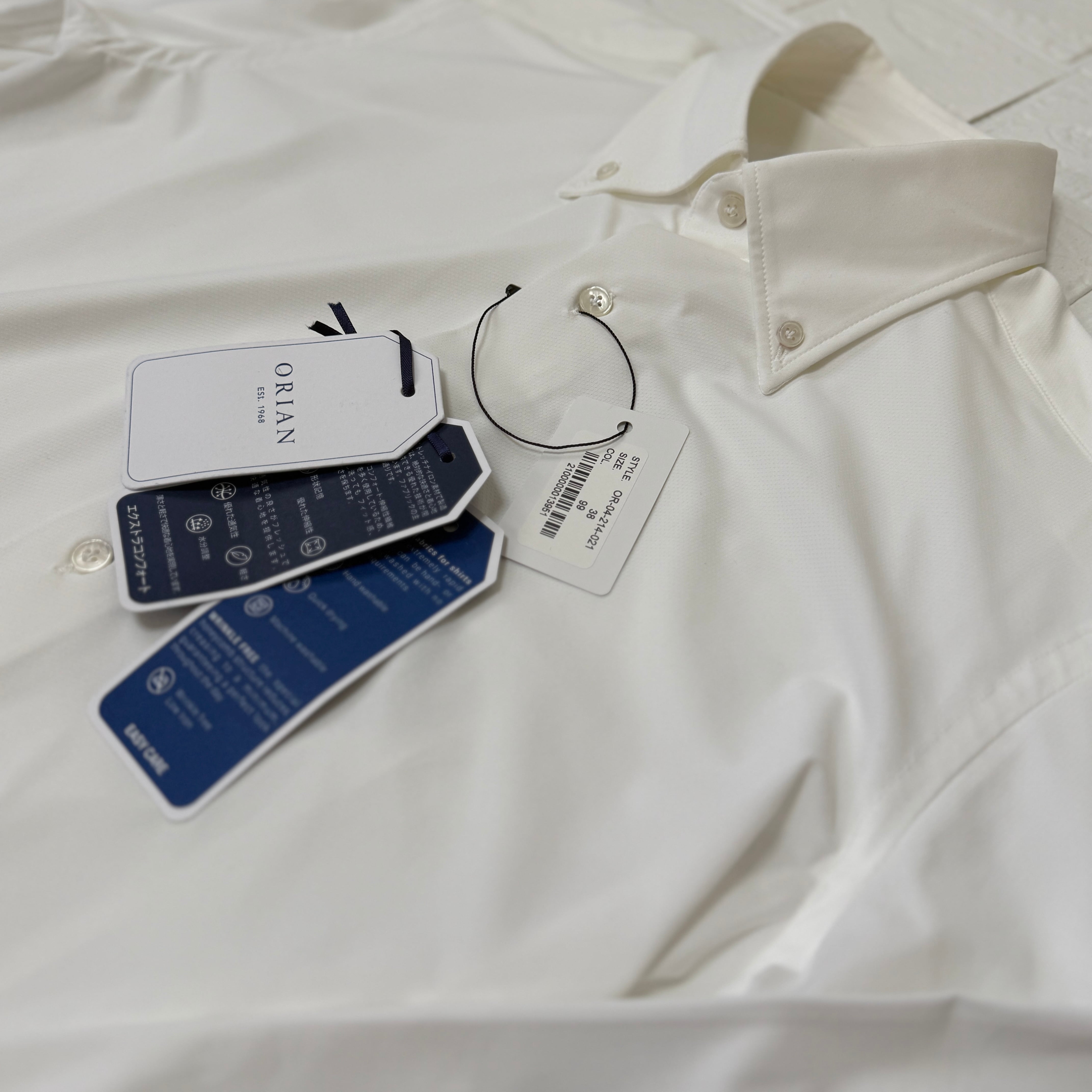ORIAN〈未使用品〉ストレッチナイロンボタンダウンシャツ/白、38、S相当 ORIAN〈未使用品〉 マイクロストレッチナイロン イージーケア ボタン