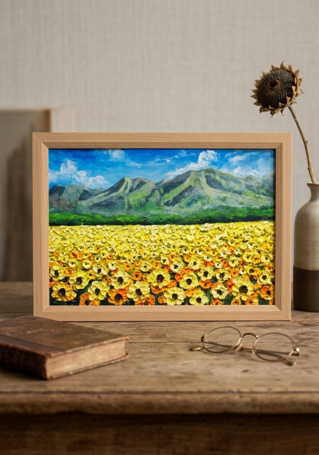油絵 絵画【陽だまりの特等席】ひまわり畑 山 青空 夏 風景画