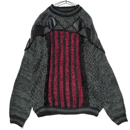 Vintage Low Gauge Leather x Knit Crew Neck Knit [1980s-] [CIRCOLA MODA] Vintage Low Gauge Crewneck Knit