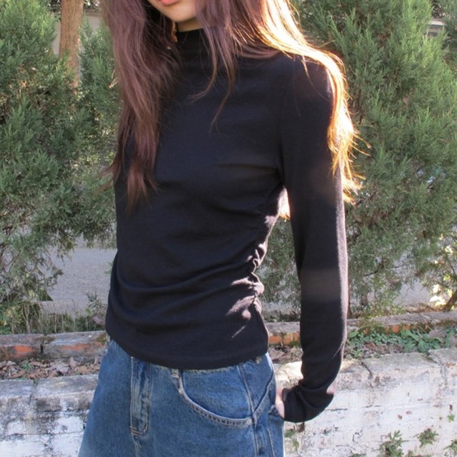 スリムフィットモックネックサイドギャザーロンTee 2color [am03558]