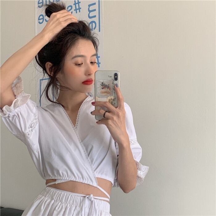 サマースタイルVネックリボンシャツ スカート レッド 大人ガーリー スウィート キュート カジュアル 夏物 ドラファッションホール84690919604