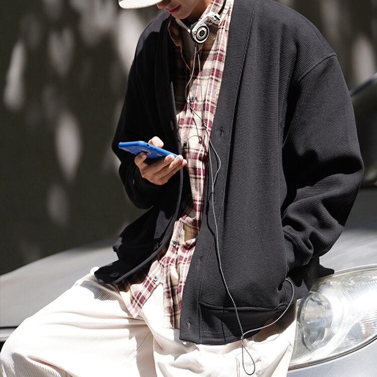 ★WAFFLE CARDIGAN V-NECK SWEATER　　　23365