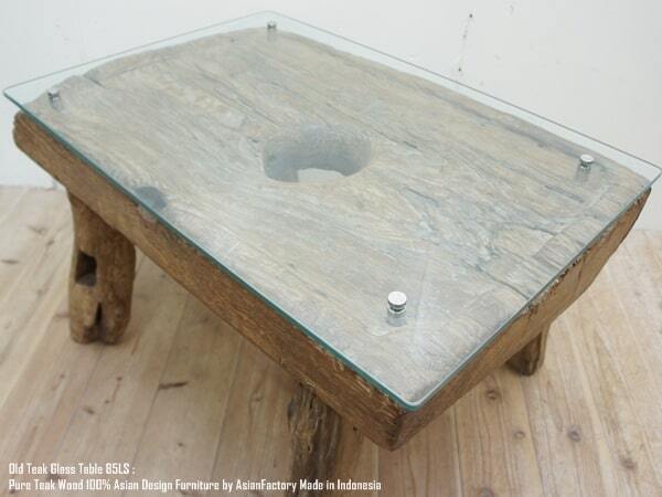 一点物 希少オールドチーク臼テーブル 85cm ガラストップ ガラス