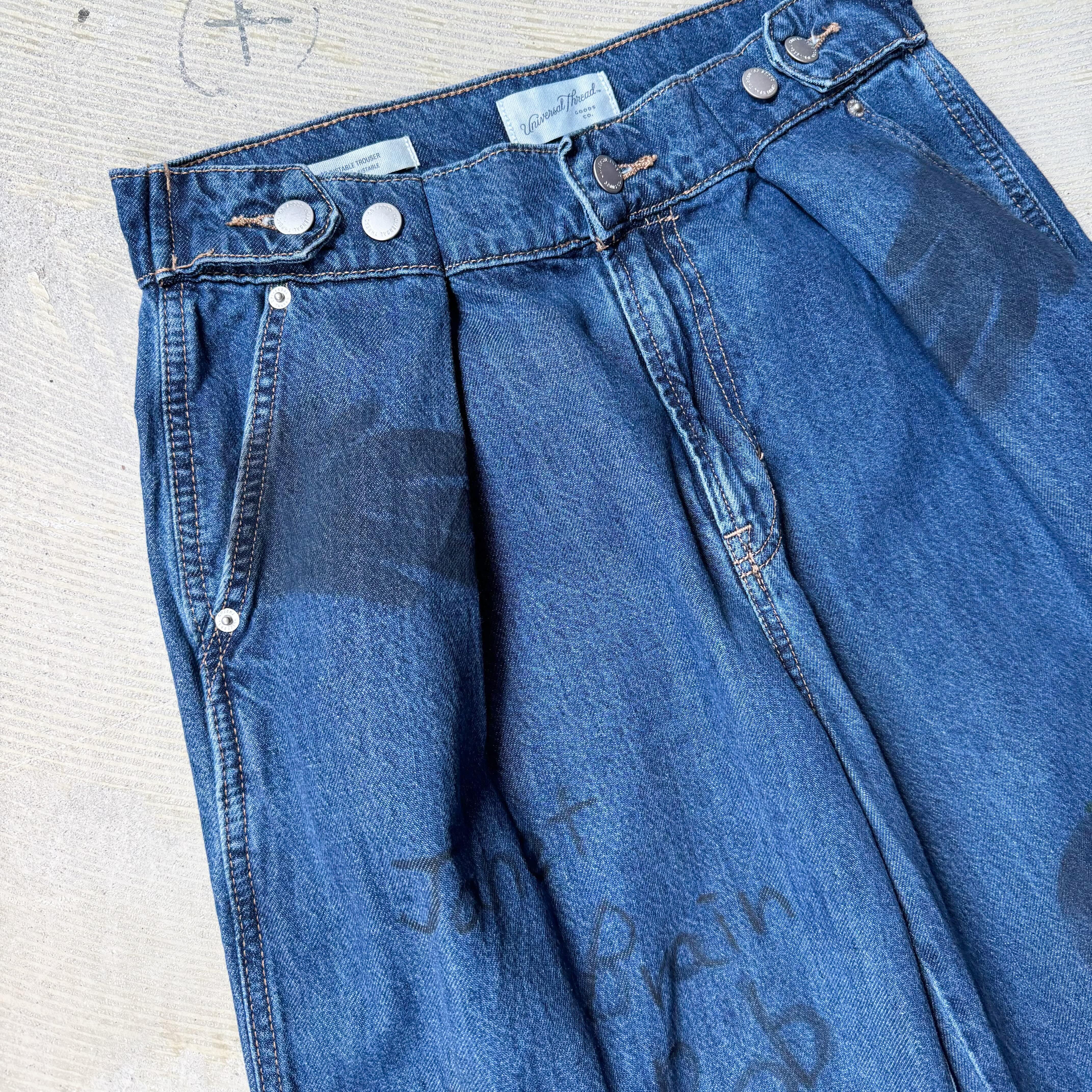 HAND PAINTED STENCIL MEMORIAL ART WIDE DENIM PANTS / ハンド