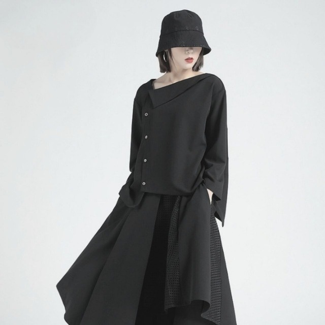 Asymmetric boat neck long sleeve blouse C0890