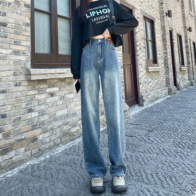 【新作】【送料無料】 レザーブランドデザインの女性用韓国レトロストレートレッグジーンズ、小柄な人向けのハイウエスト、ドレープのあるワイドレッグフロアレングスジーンズ 0322564501882