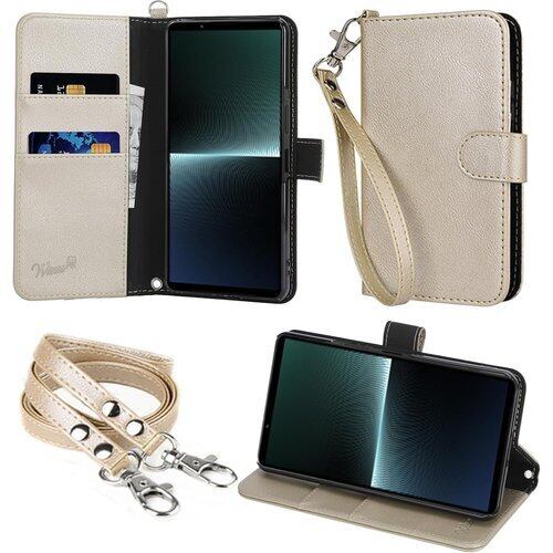 wisers Xperia 1 V SO-51D SOG10 Gaming Edition 対応 手帳型スマホケース ゴールド 牛革調PUレザー カードホルダー/スタンド機能付き ストラップ 2種付き ハンドストラップ/ネックストラップ 1988