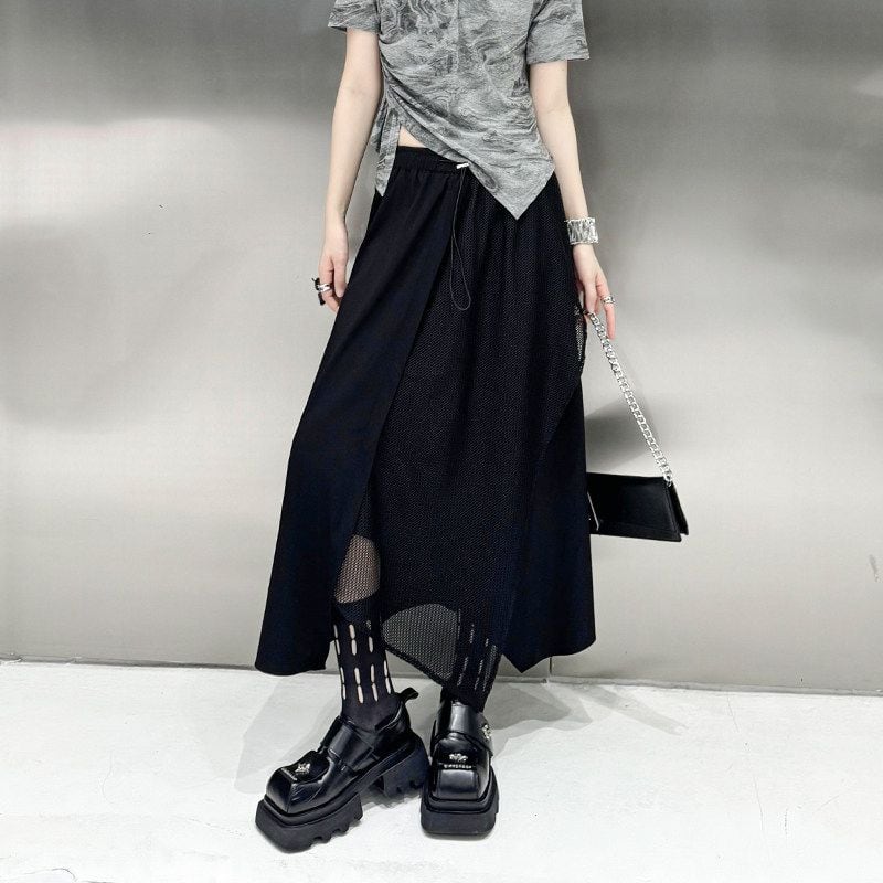 ASYMMETRIC MESH PANEL A-LINE MIDI SKIRT M-17167