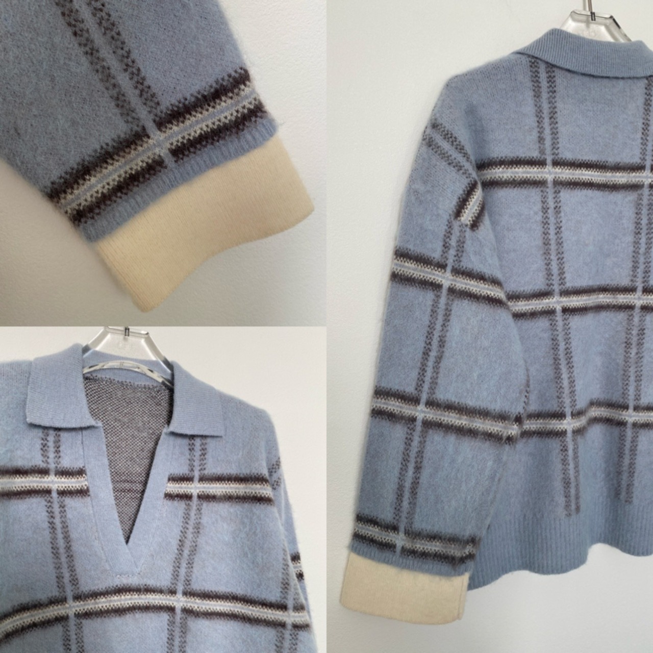 チェック柄スキッパーモヘアタッチknit/ペールブルー