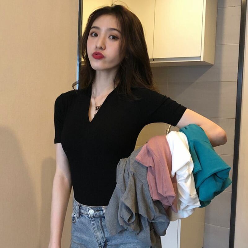 シャツ トップス スプリングサマーソリッド カラーTシャツ スリムVネック 春物 夏物 ソリッドカラー YY-ファッション28233068048