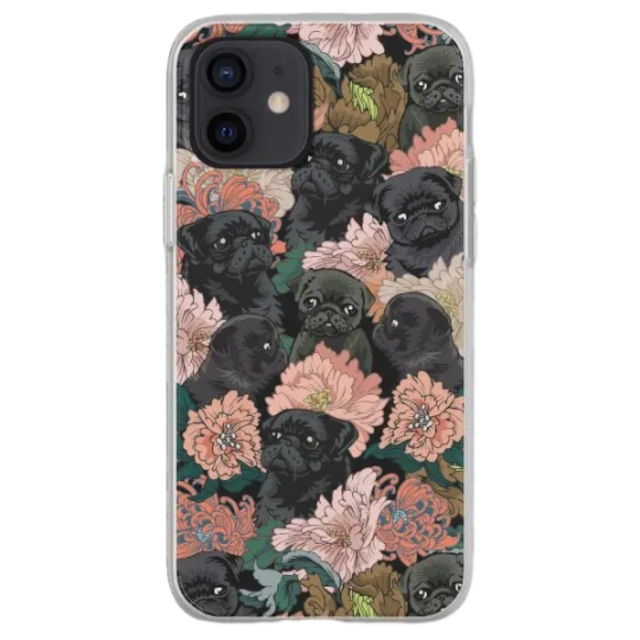 Phone case   -black pugs flower- 　　phn-81