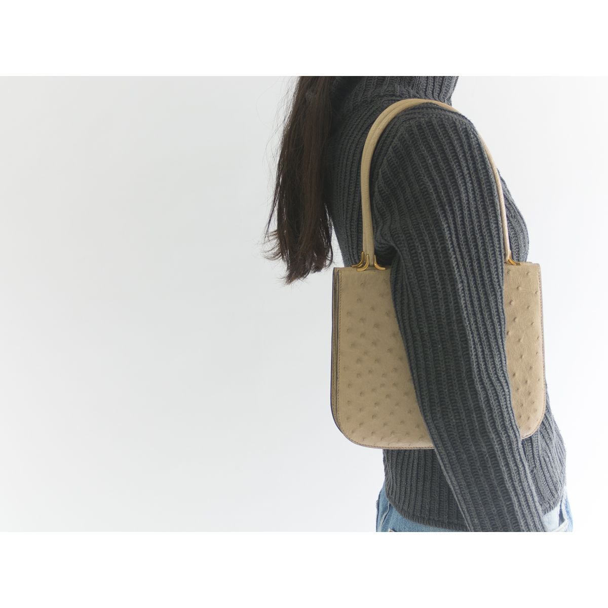 【MADE IN FRANCE】Avril Morio Ostrich leather handbag（フランス製 アヴリルモリオ オーストリッチ ハンドバッグ ）11d