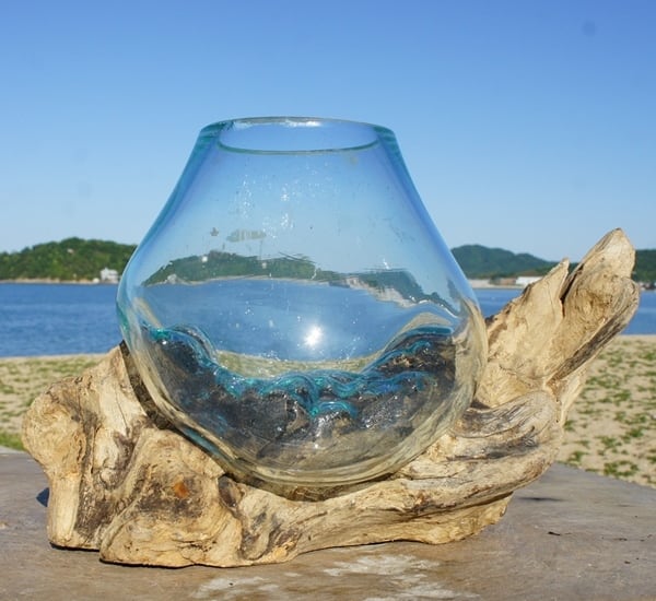 吹きガラスと天然木のオブジェS 金魚鉢 メダカ 水槽 アクアリウム