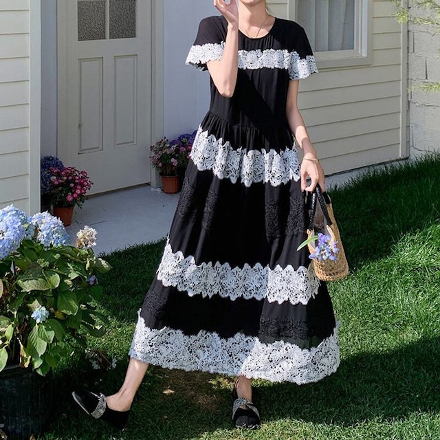 Lace border long dress　M859