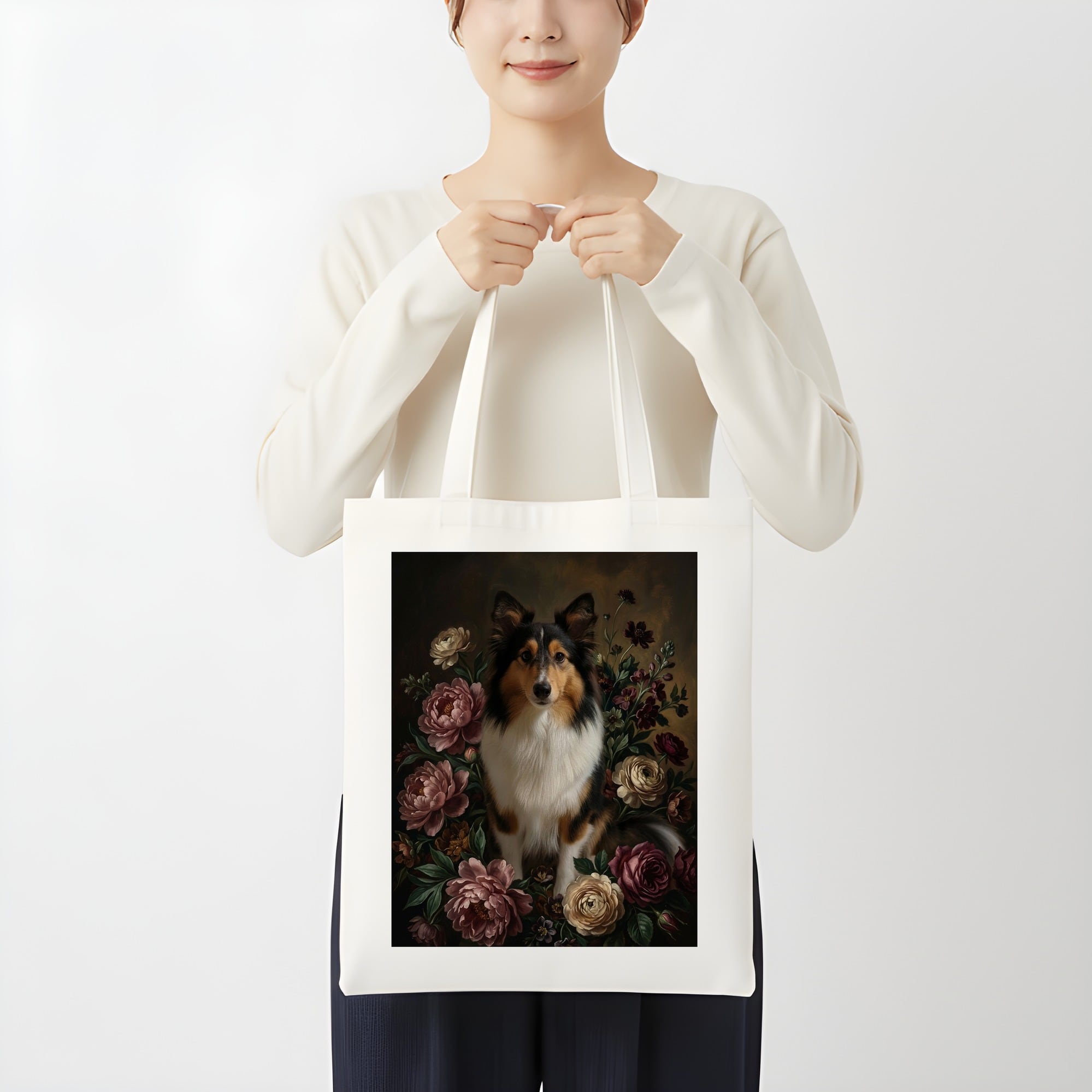 犬（シェットランドシープドッグ）トートバッグ 花の油絵風アート