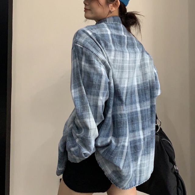 blue faded check shirt　ブルーフェードチェック柄シャツ　J2142