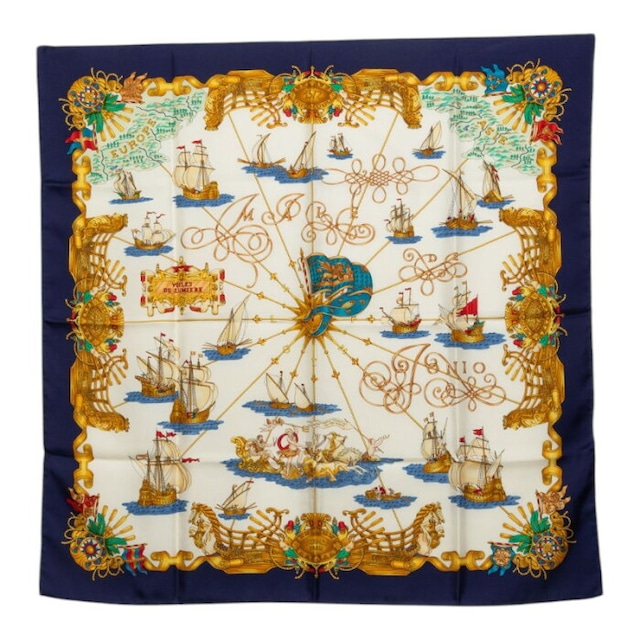 エルメス カレ90 VOILES DE LUMIERE 光の帆船 スカーフ 大判 ネイビー マルチカラー シルク レディース HERMES 中古