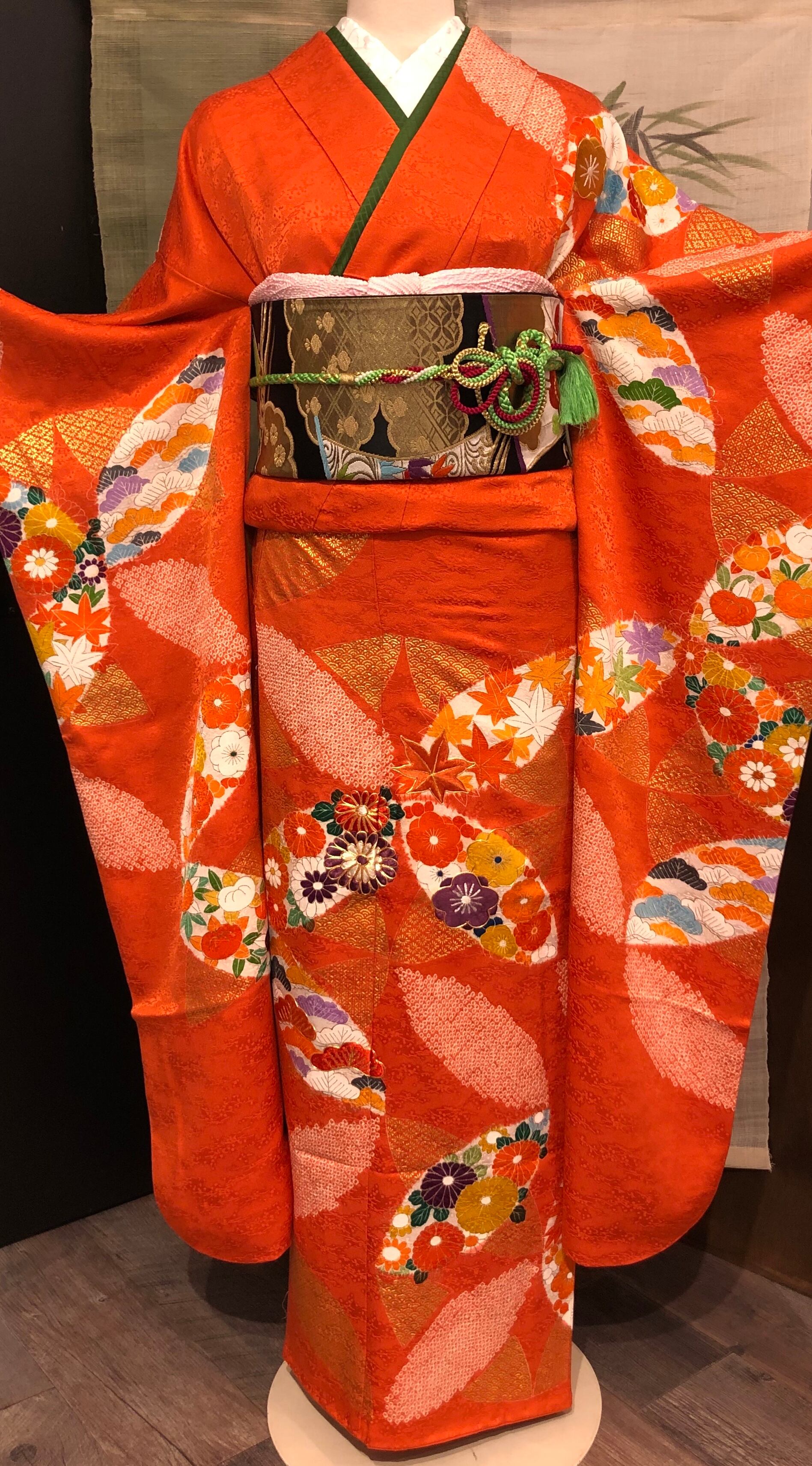 振袖レンタル フルセット 橙地疋田桜菊花七宝文 Sサイズ 005 | きもの