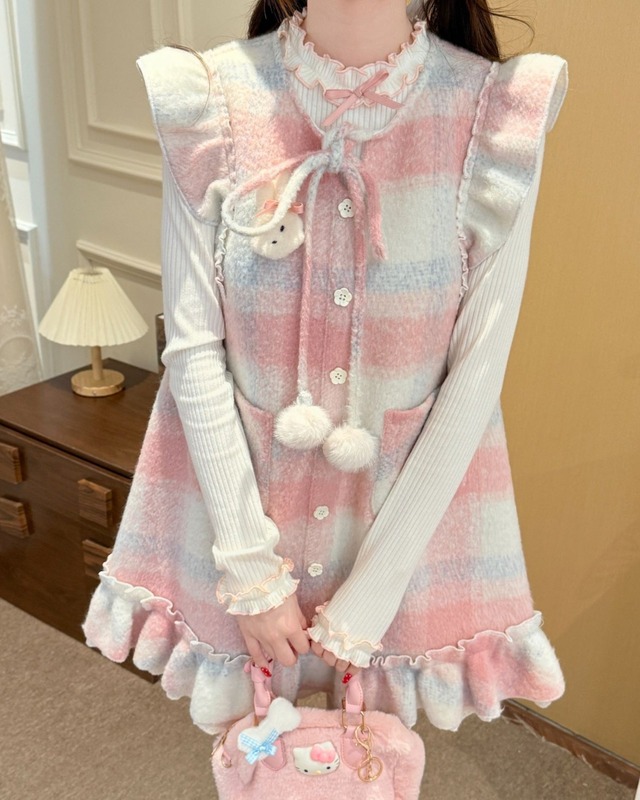 ドーリーパステルチェックワンピース＆フリルトップスセット 25W08393