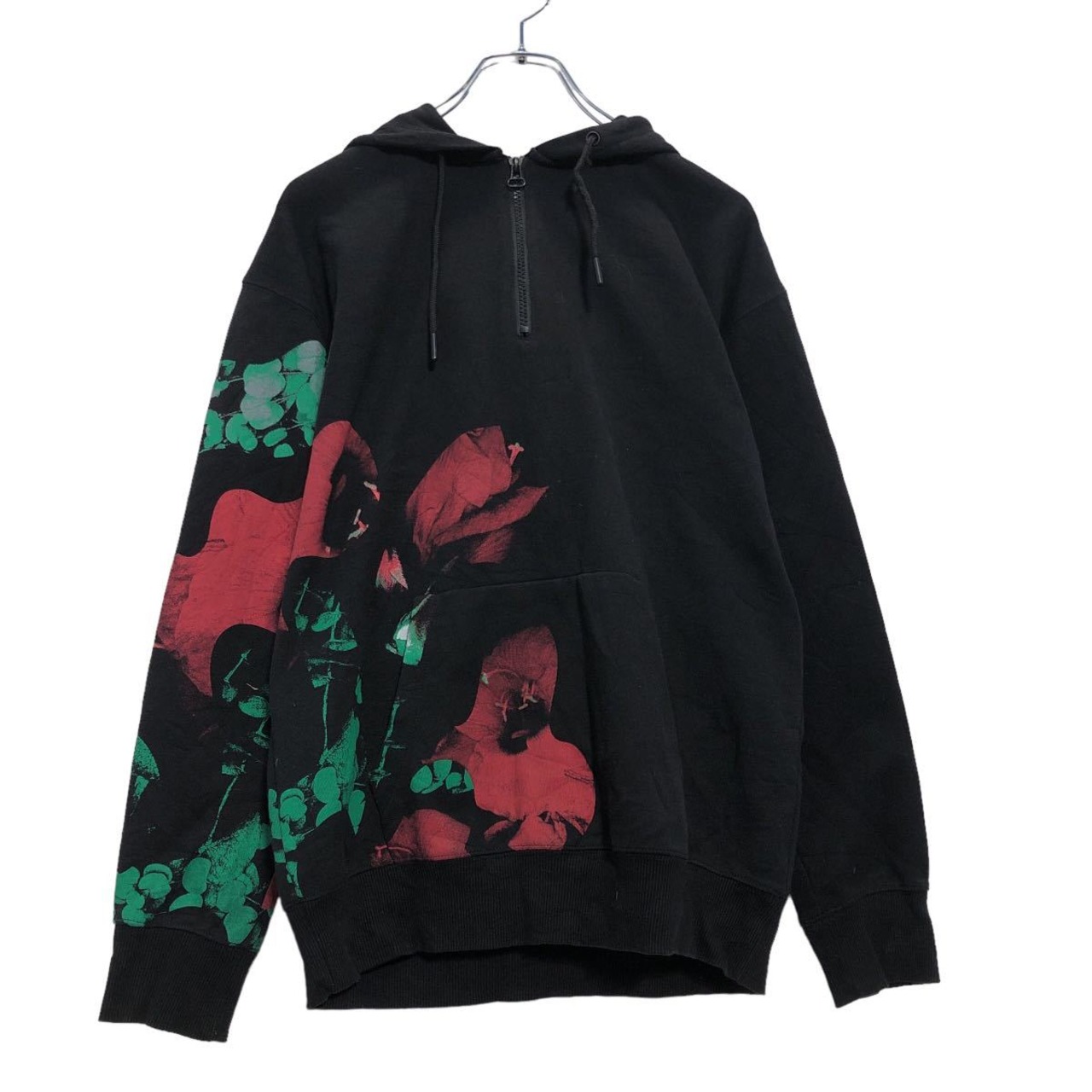 H&M ハーフジップ プリント スウェット パーカー XS ブラック レッド 