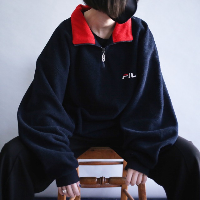 "FILA" over silhouette front and back logo embroidery half-zip fleece pullover